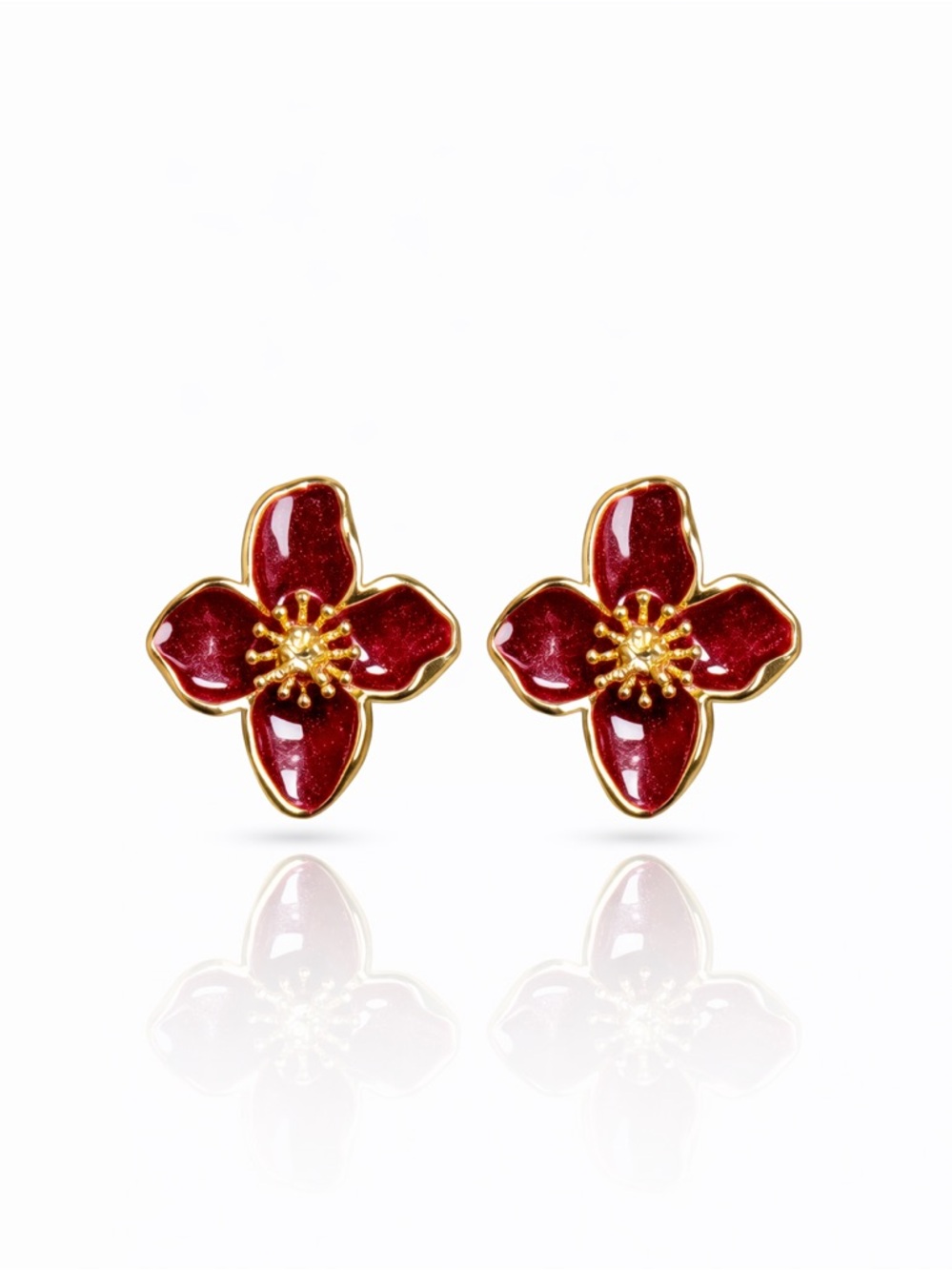 Gold-Tone Red Enamel Floral Stud Earrings